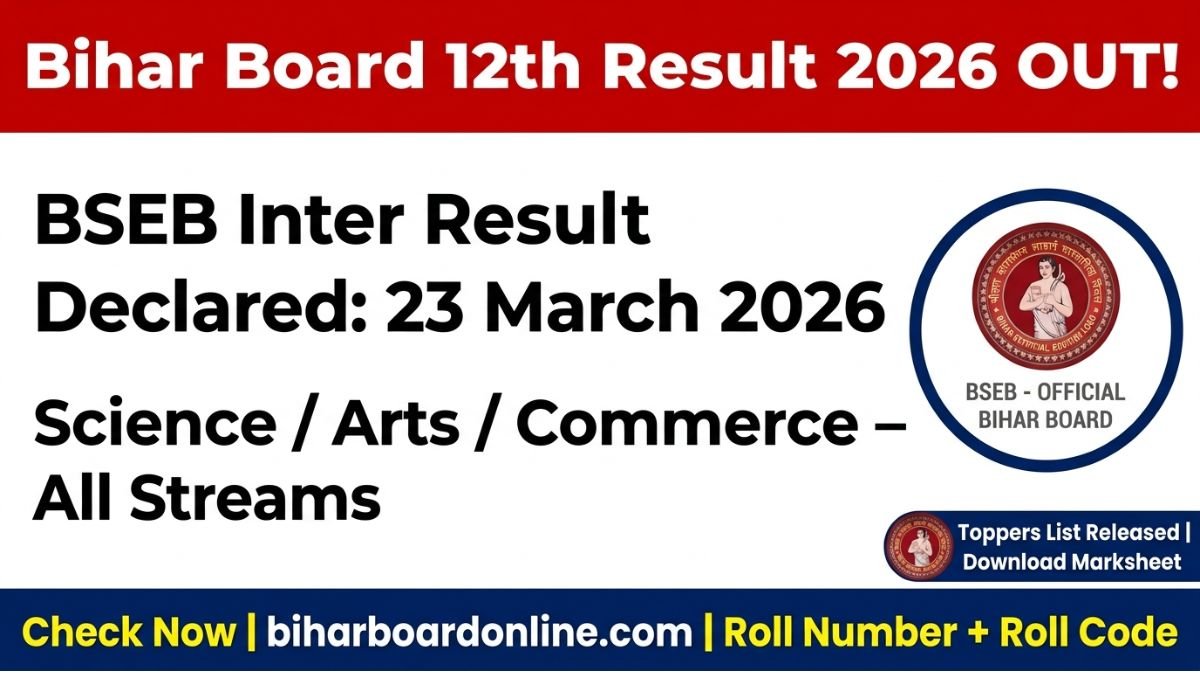Bihar Board 12th Result 2026 is out on 23 March 2026. Check BSEB Inter result using Roll Number at biharboardonline.com. See toppers list and pass percentage here.
