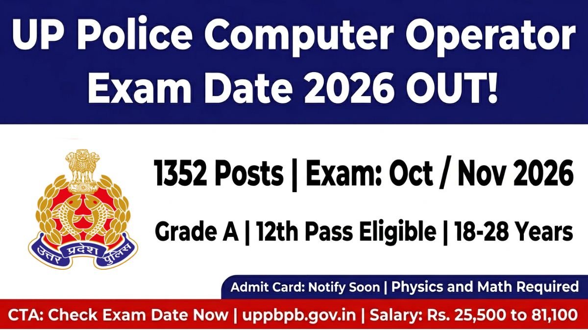 UP Police Computer Operator Grade A Exam Date 2026 is out. Exam in Oct/Nov 2026 for 1352 posts. Check eligibility, salary, exam pattern, and admit card details now.