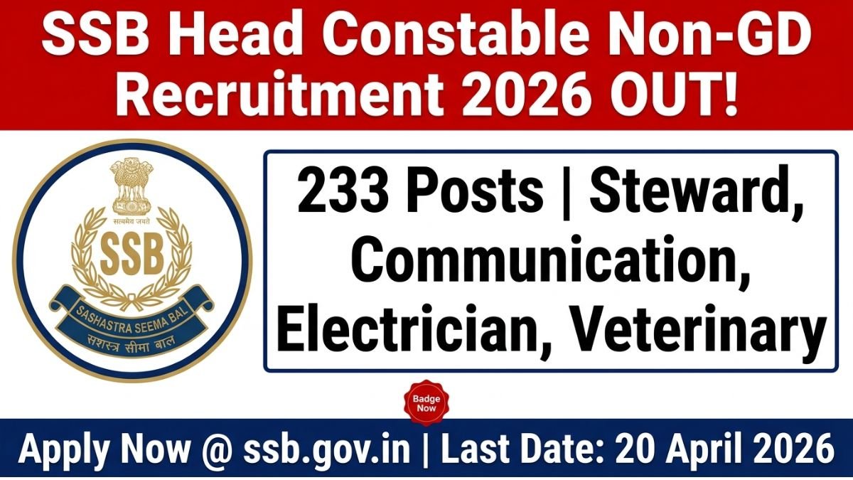 SSB Head Constable Non-GD Recruitment 2026 is out for 233 posts. Check eligibility, salary, exam pattern, fee, and apply online from 21 March to 20 April 2026.