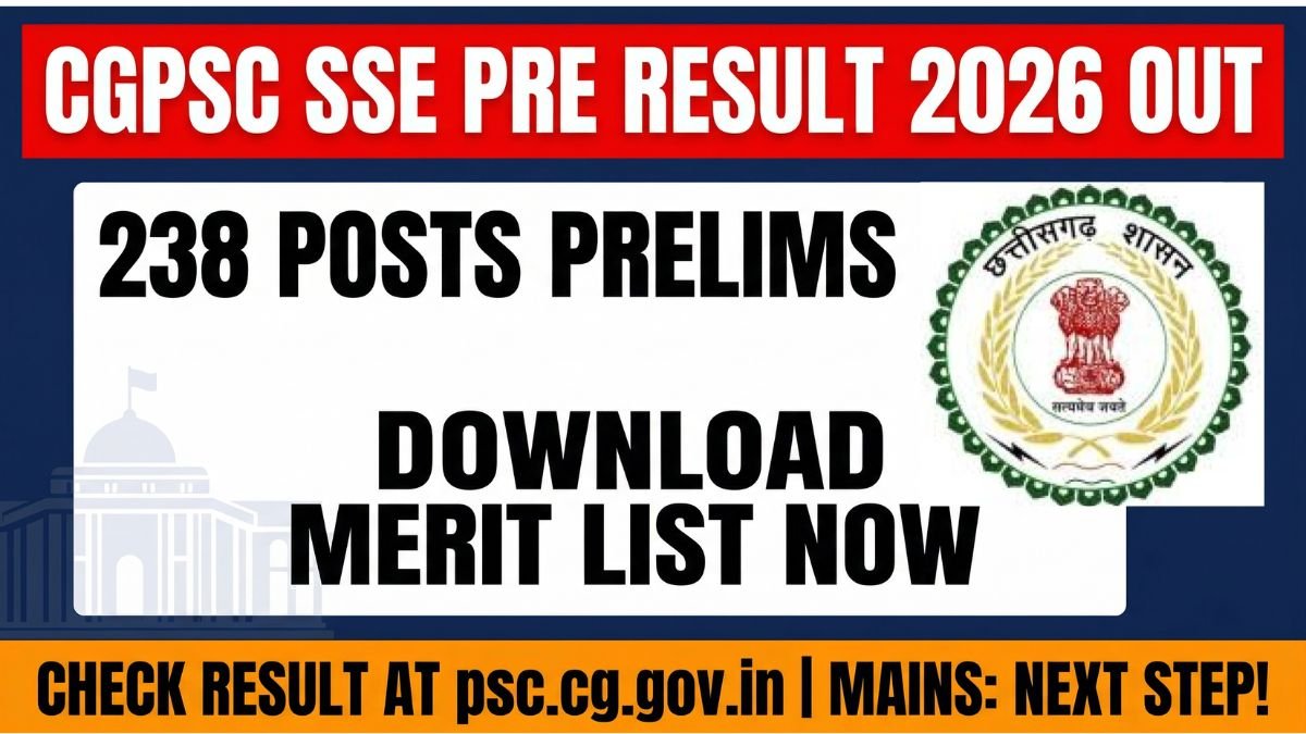 CGPSC SSE Pre Result 2026 declared on March 26 at psc.cg.gov.in. Download Prelims merit list, check category-wise cut off marks, and prepare for Mains exam on May 16 to 19 2026 for 238 posts.