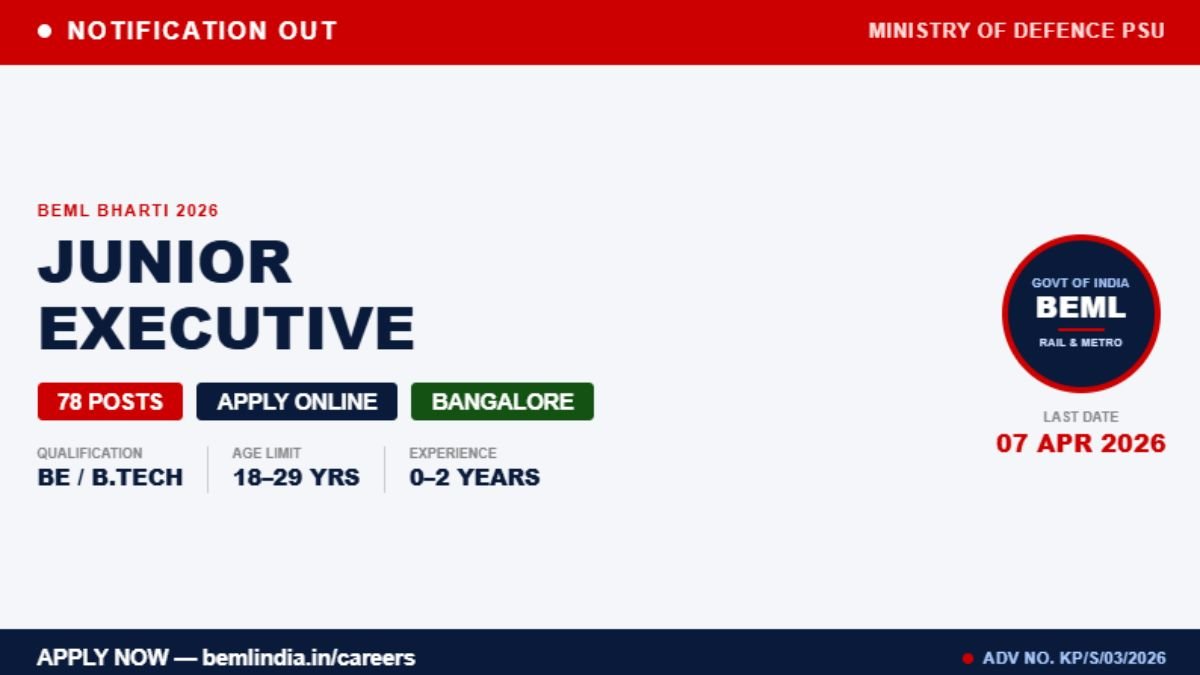 BEML Junior Executive Recruitment 2026: BEML Limited has released notification for 78 posts. Check eligibility, salary, last date 7 April 2026 and apply online now.
