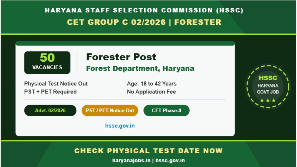 HSSC CET Group C 02/2026 Forester Physical Test Date Notice released at hssc.gov.in. Check 50 vacancies, PST/PET criteria, exam pattern, salary and step-by-step apply guide for Haryana Forester 2026.