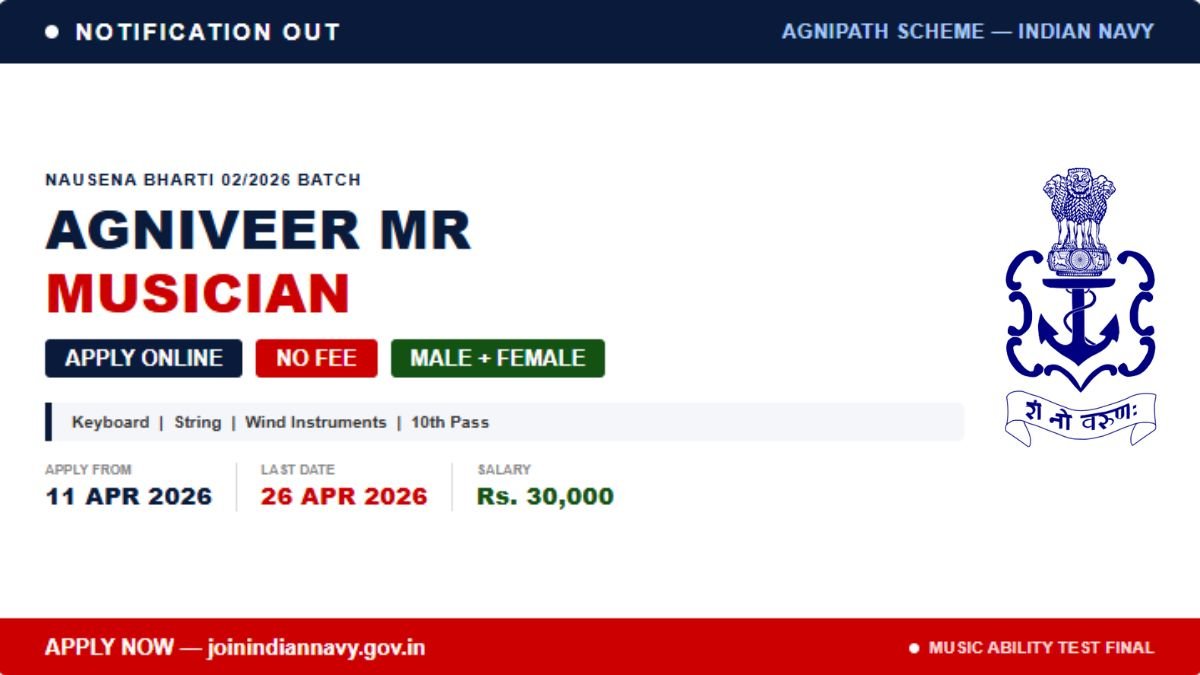 Indian Navy MR Musician 02/2026 notification out for Agniveer Musician posts. Apply online at joinindiannavy.gov.in from 11 to 26 April 2026. Check eligibility, salary Rs 30000, music requirements and how to apply.