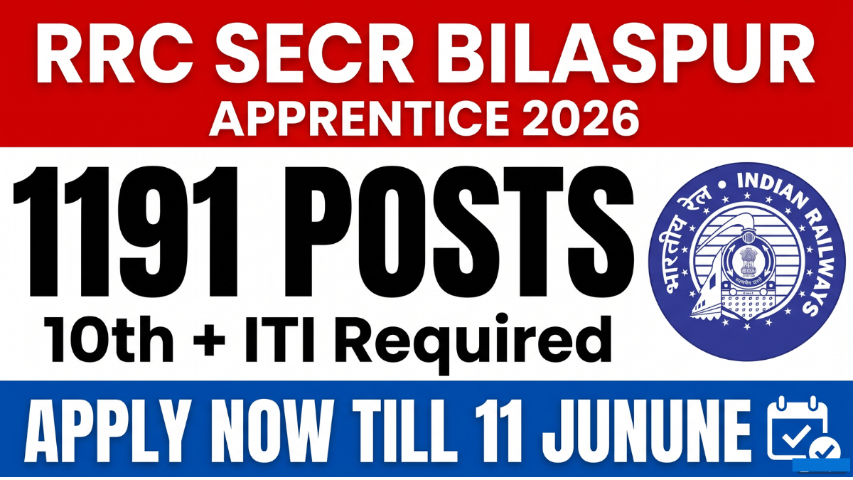 Apply now for Railway RRC SECR Bilaspur Apprentice 2026. 1191 apprentice posts available. Eligibility 10th+ITI. Last date 11 June 2026. Check vacancy, age limit, salary and how to apply.