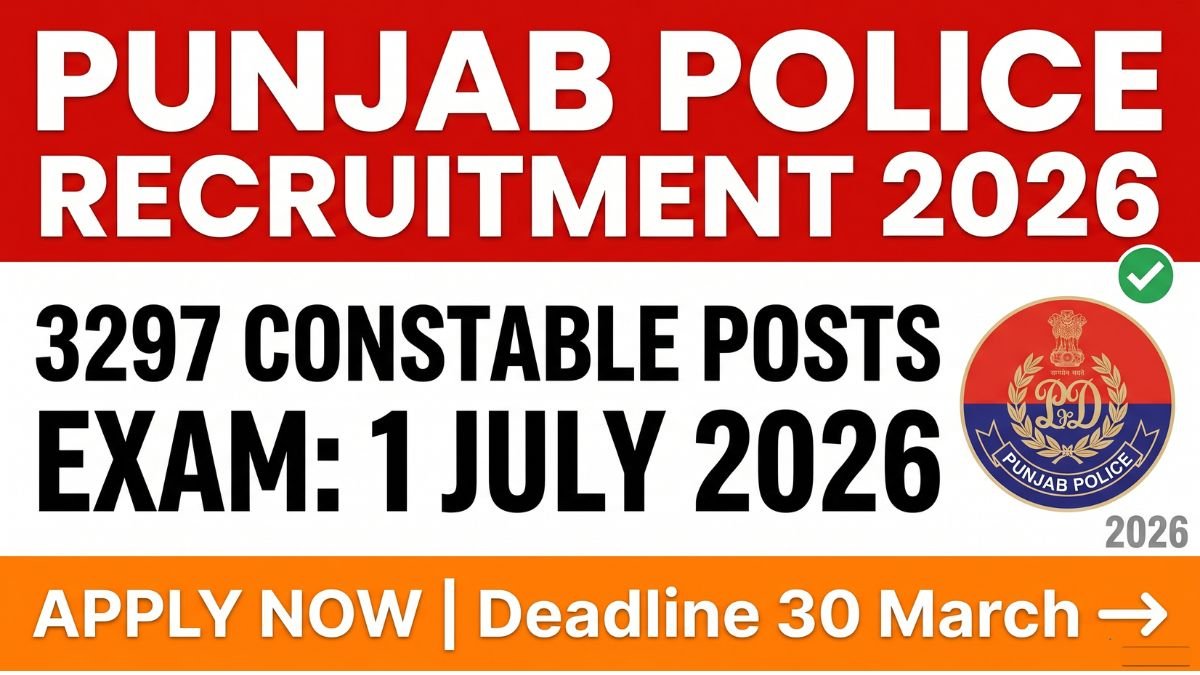 Apply for Punjab Police Recruitment 2026 with 3297 Constable vacancies. Exam on 1 July 2026. Online applications from 10 March. Check eligibility, salary, selection process and how to apply here.