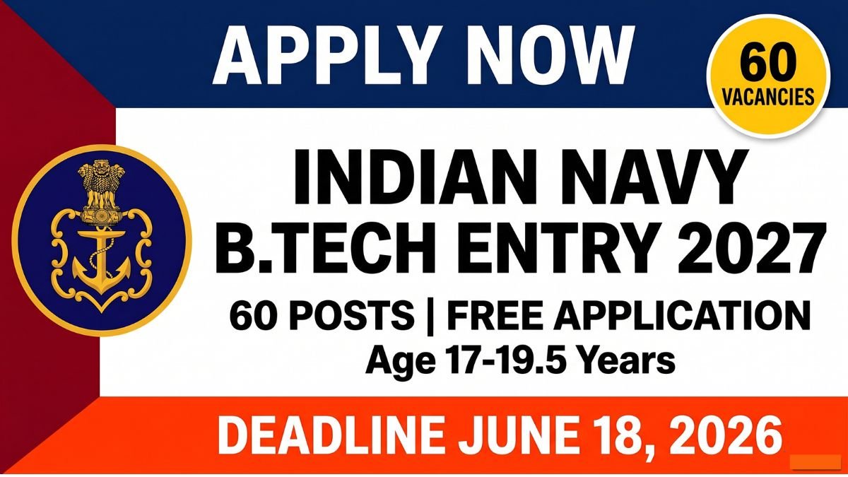 Apply for Indian Navy 10+2 B.Tech Cadet Entry January 2027. 60 vacancies, 17-19.5 years age limit, 70% PCM marks required. Online applications deadline June 18, 2026. Full details inside.