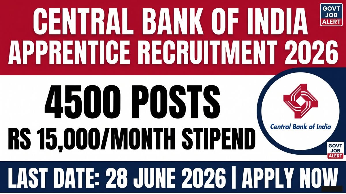 Central Bank of India Apprentice Recruitment 2026: Apply online for 4500 posts before 28 June 2026. Check vacancy, eligibility, stipend of Rs 15,000, exam pattern, and selection process.