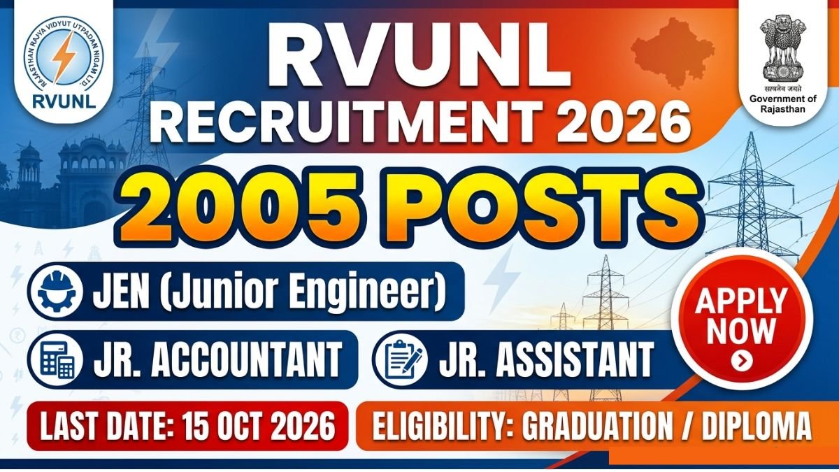 RVUNL Recruitment 2026 notification is out for 2005 posts including Junior Engineer, Junior Accountant, and Junior Assistant. Apply online from July 2026.