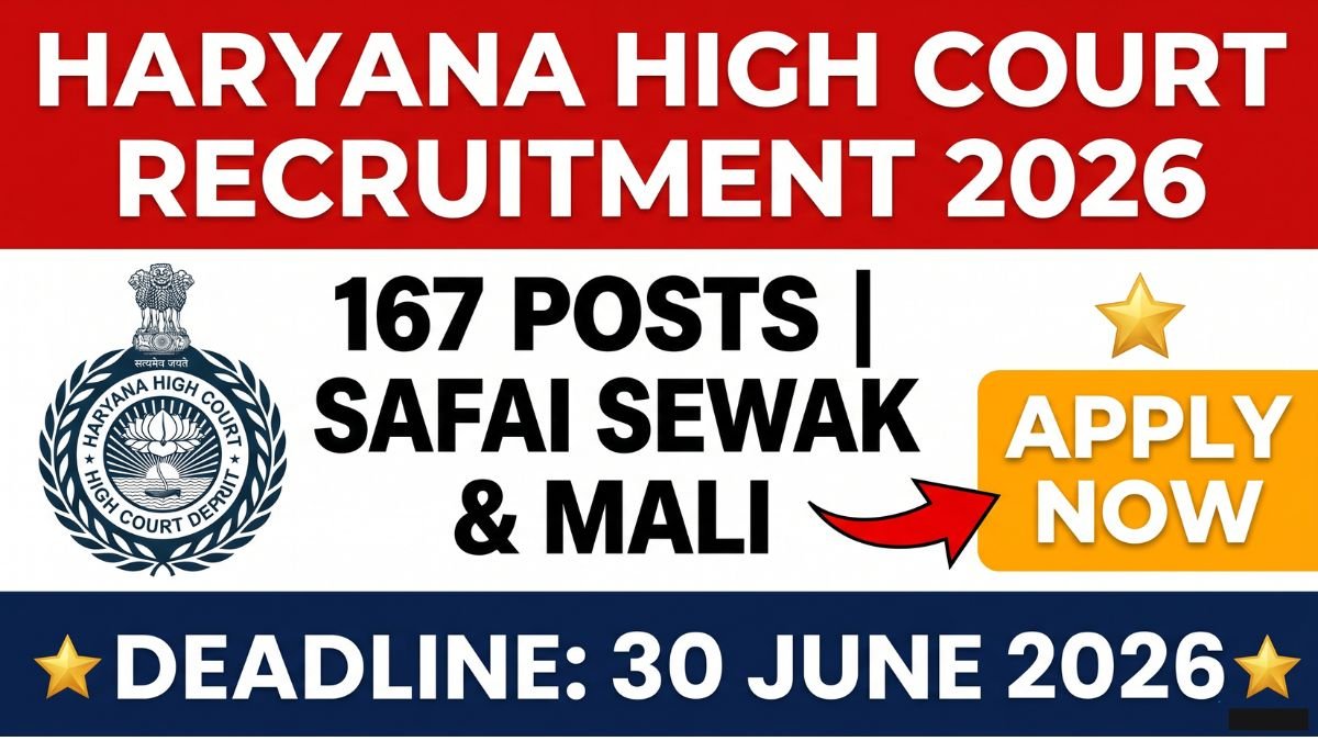Apply for 167 Safai Sewak and Mali posts in Haryana High Court. Online application open from 9 June to 30 June 2026. Check eligibility, salary, and selection process.