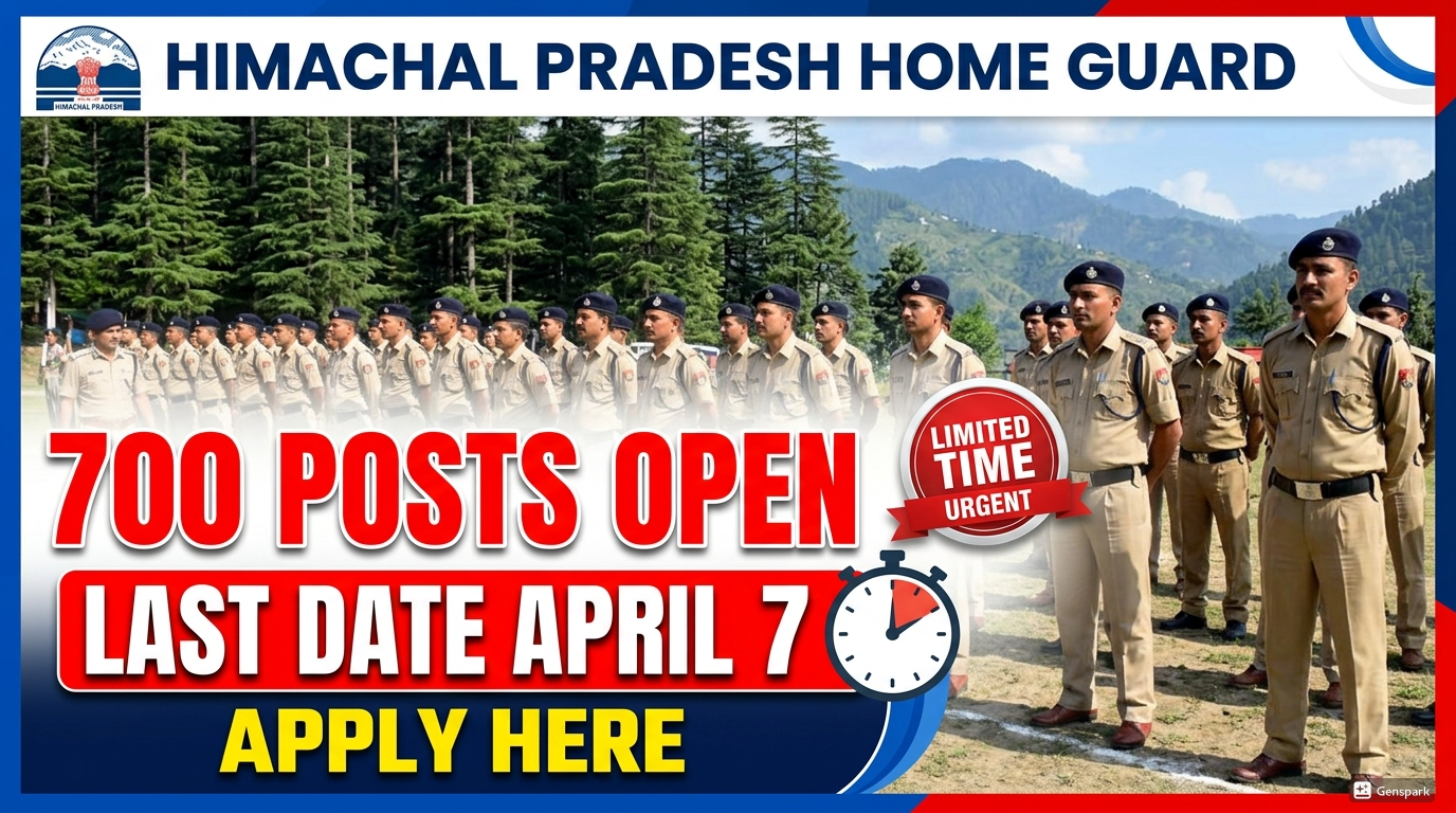 HP Home Guard Recruitment 2026 offers 700 Home Guard Volunteer posts. Apply online before 7 April 2026 at www.hgvr.hp.gov.in. Daily salary Rs. 977. Age 18-50 years.