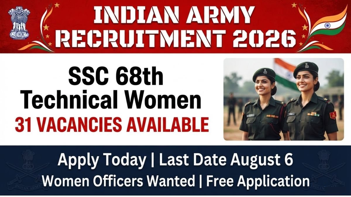 Apply for Indian Army SSC Technical 68th Women recruitment 2027. 31 vacancies available, free application, July 8 to August 6, 2026.