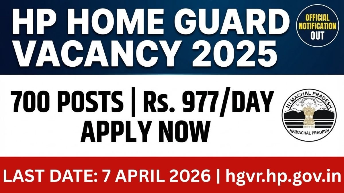 HP Home Guard Vacancy 2025: Apply online for 700 Home Guard Volunteer posts in Himachal Pradesh. Check eligibility, age limit, salary Rs. 977/day, selection process and last date April 7 2026.